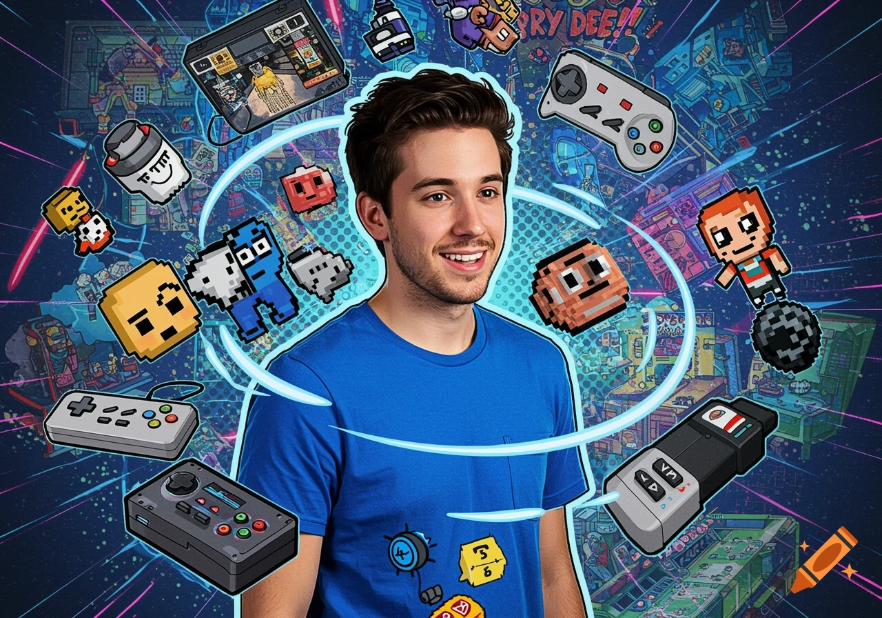A smiling young man in a blue t-shirt surrounded by colorful pixel art video game characters, controllers, and retro gaming backgrounds, in a cartoon style.