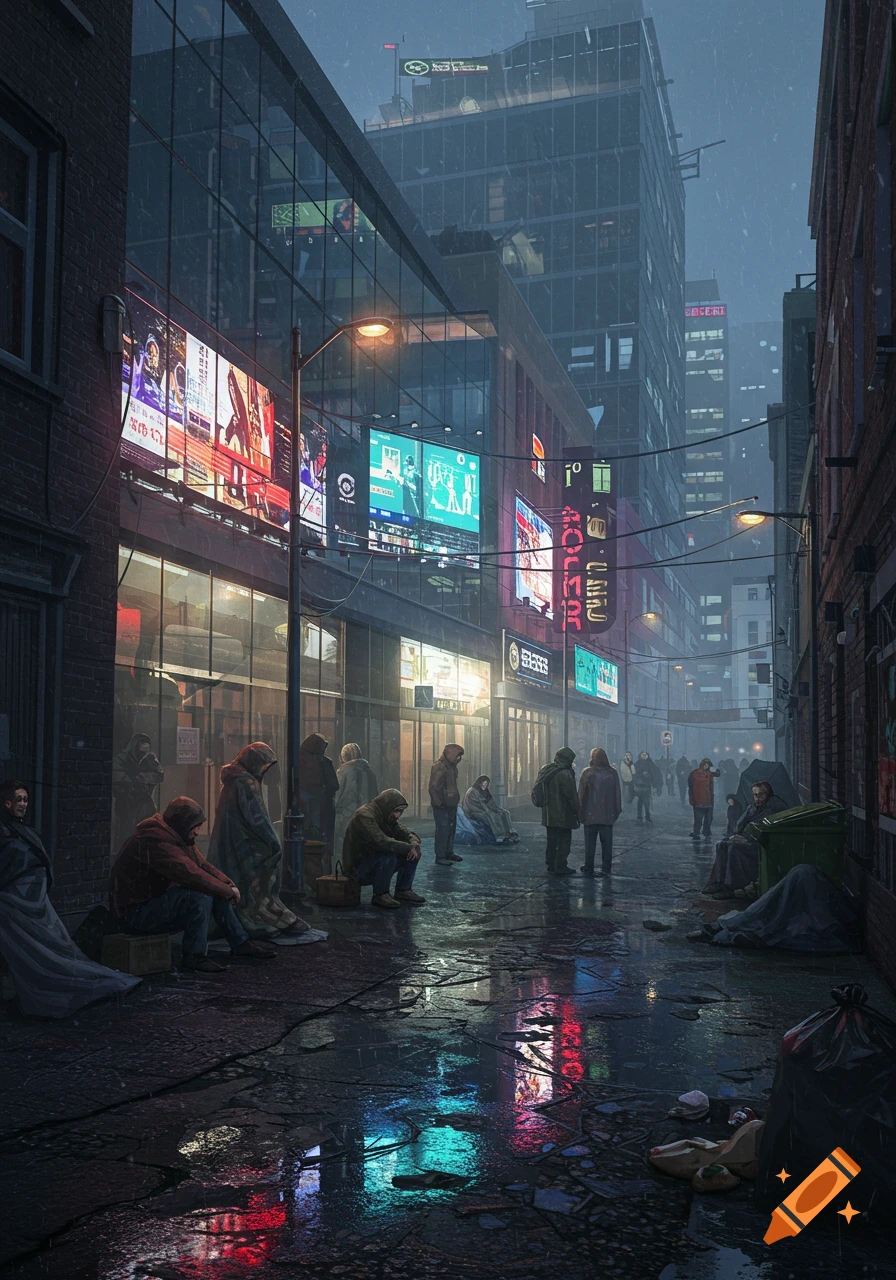 A dimly lit, rainy city street at night, with bright billboards reflecting on the wet pavement, and several homeless people sitting and standing along the buildings.