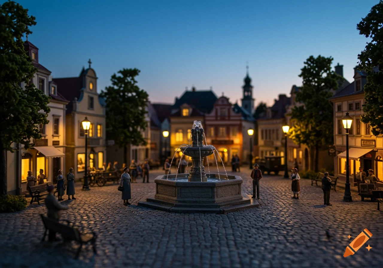 A detailed miniature model of a European town square at dusk, featuring a fountain, cobblestone ground, and illuminated buildings.