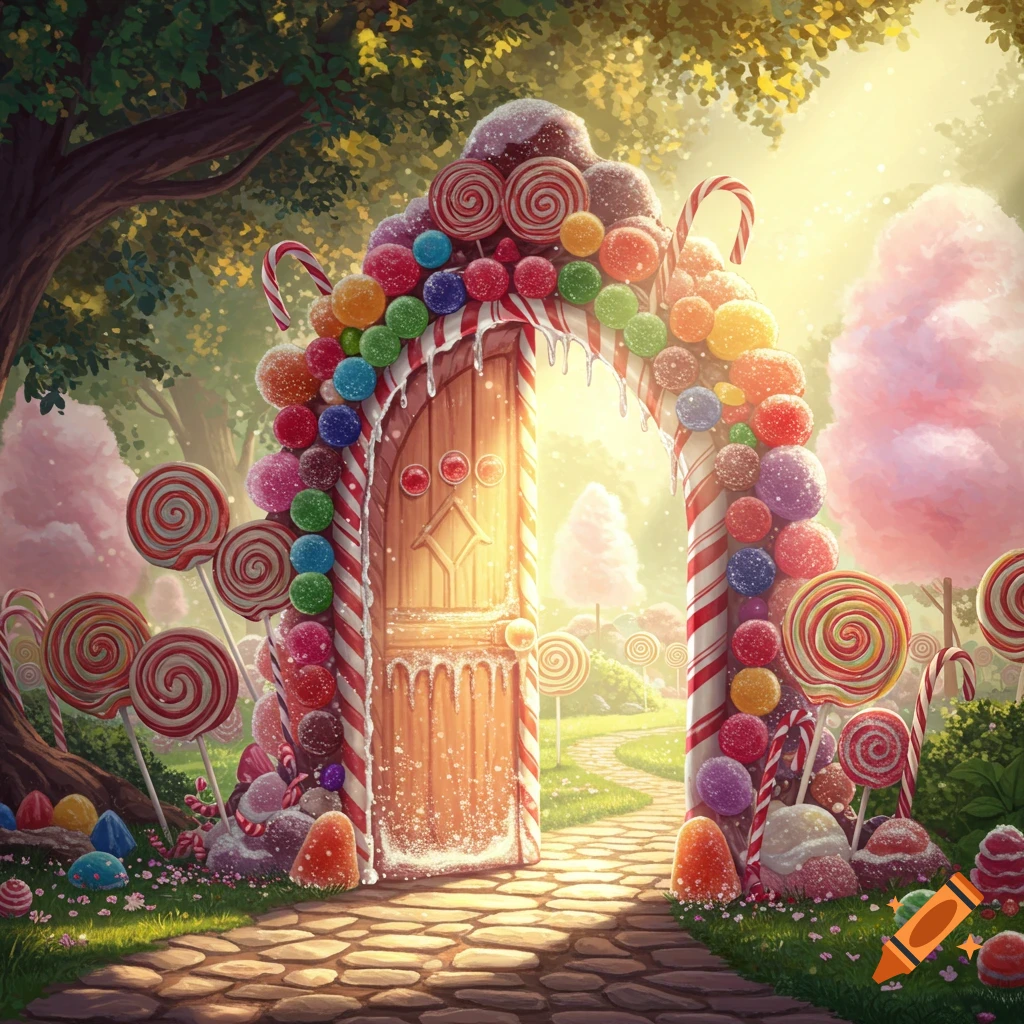 A brightly lit fantasy landscape with a large archway made of candy and lollipops, leading to a path through a sweet forest.