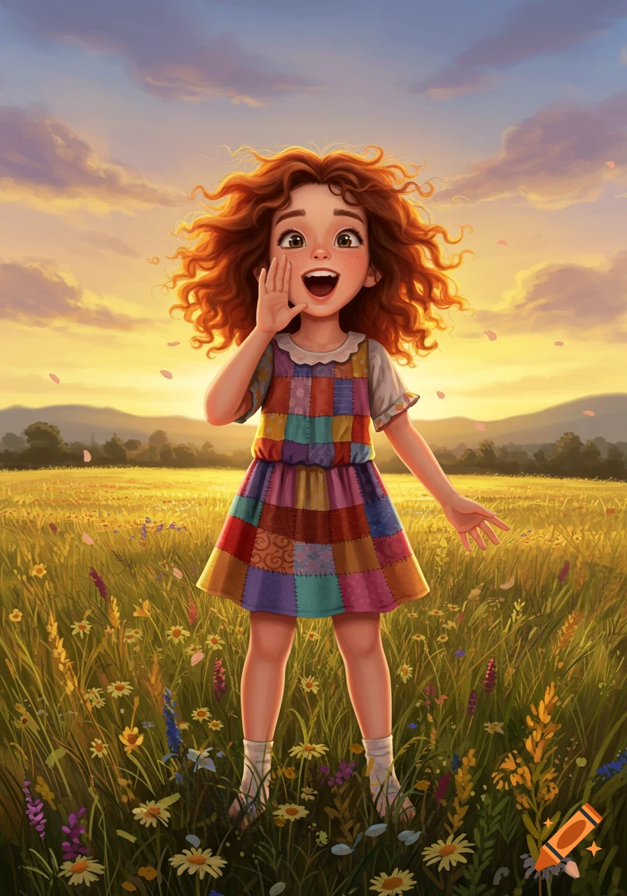 A vibrant illustration of a happy, curly-haired girl in a colorful patchwork dress, standing in a sunlit flower field at sunset, cupping her mouth to shout.