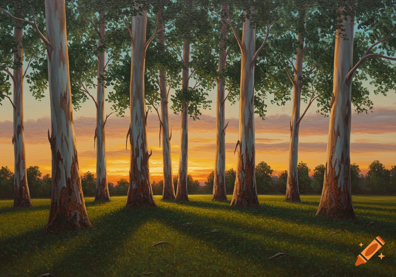 An oil painting of eight tall trees in a grassy field, bathed in the warm light of a sunset.