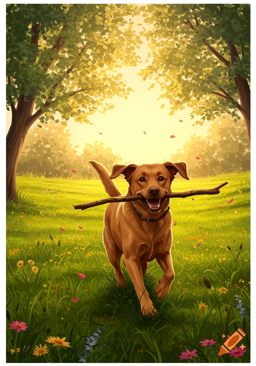 A happy brown dog runs through a sunlit green field with a stick in its mouth, rendered in an illustrative style.
