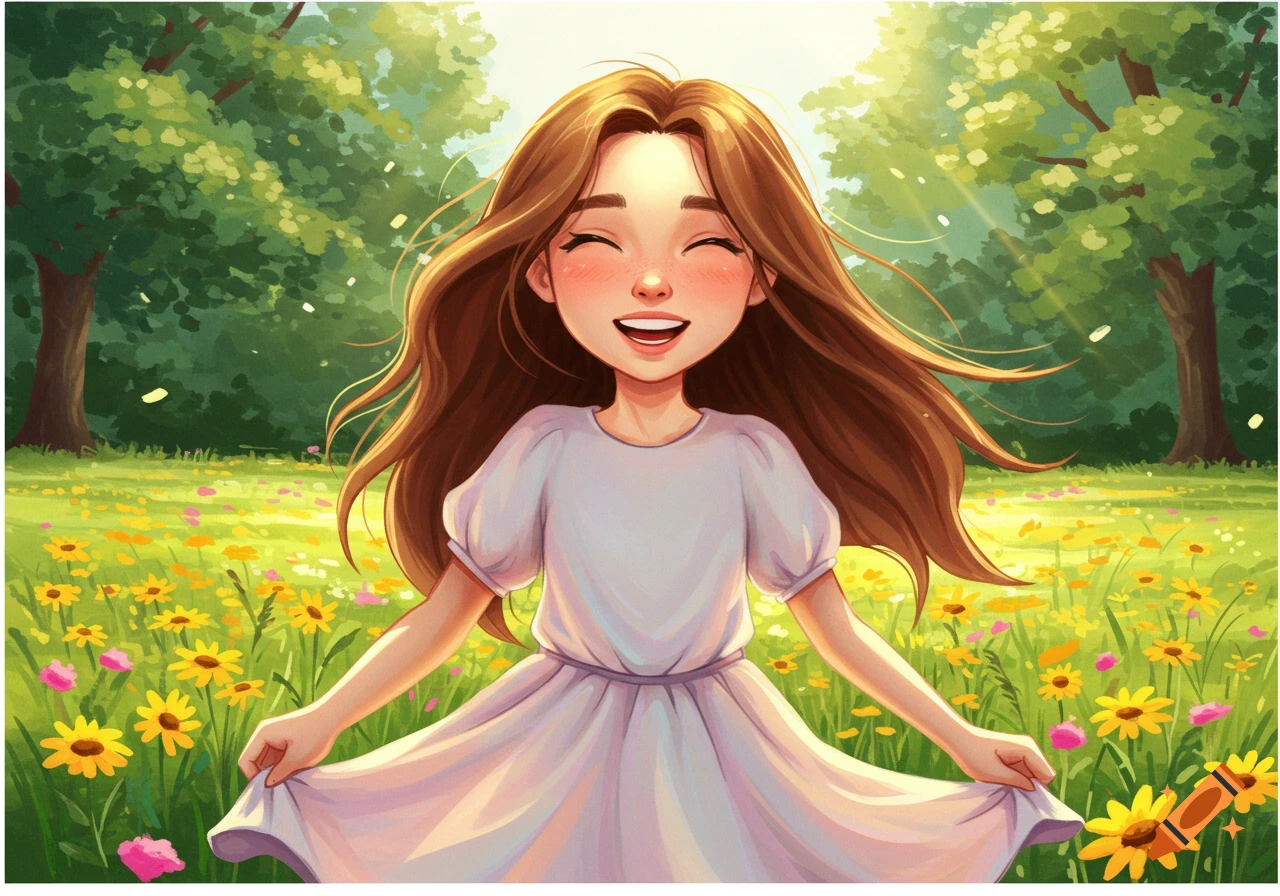 A happy young girl with long brown hair smiles in a sunny field of yellow and pink flowers, surrounded by green trees in a vibrant illustration.