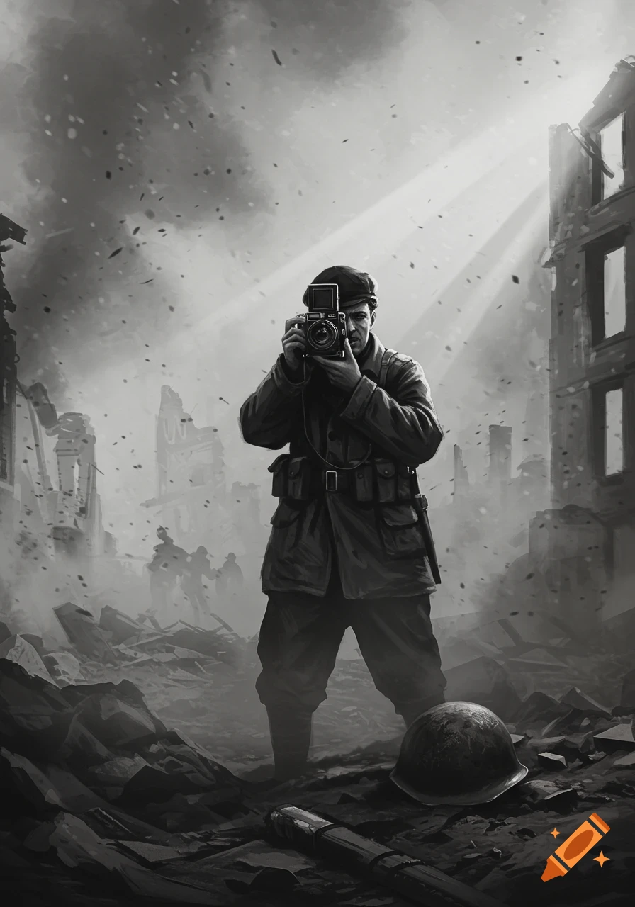 Grayscale illustration of a war photographer in a ruined city, holding a camera amidst rubble and distant figures.
