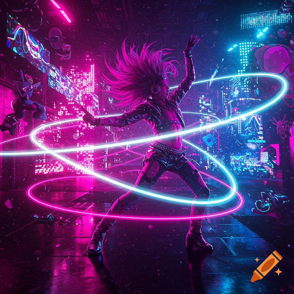 A person with flowing pink hair dances amidst glowing neon light trails and a futuristic cyber city background in vibrant pink and blue.