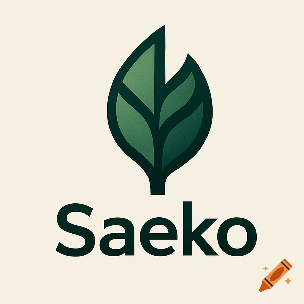 A minimalist logo with a stylized green leaf icon above the word "Saeko" on a light background.