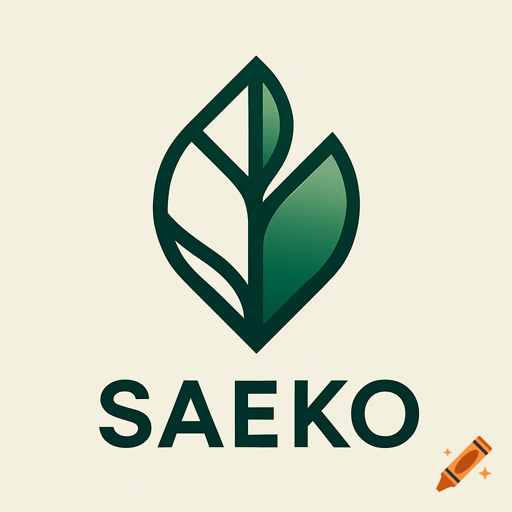 A minimalist logo with a green stylized leaf above the word SAEKO.