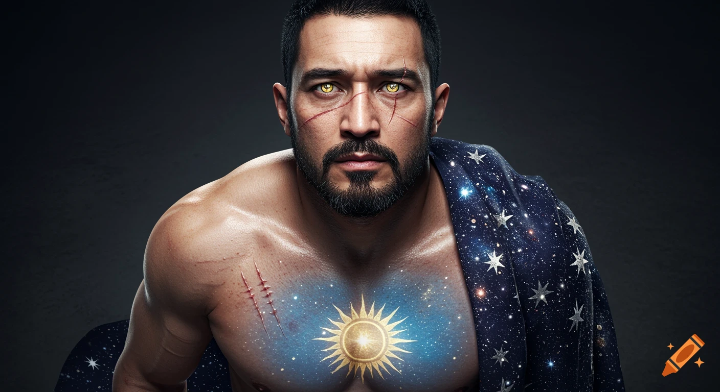 Photorealistic portrait of a rugged man with glowing gold eyes, scars, and a cosmic cloak, featuring a golden sun symbol on his chest.