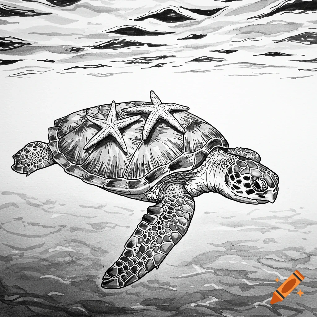 A sea turtle with two starfish on its shell swims in the ocean, rendered in a black ink illustration style.