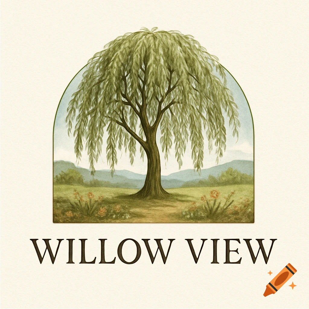 An illustration of a weeping willow tree in an arched frame over a rural landscape, with 'WILLOW VIEW' text below.
