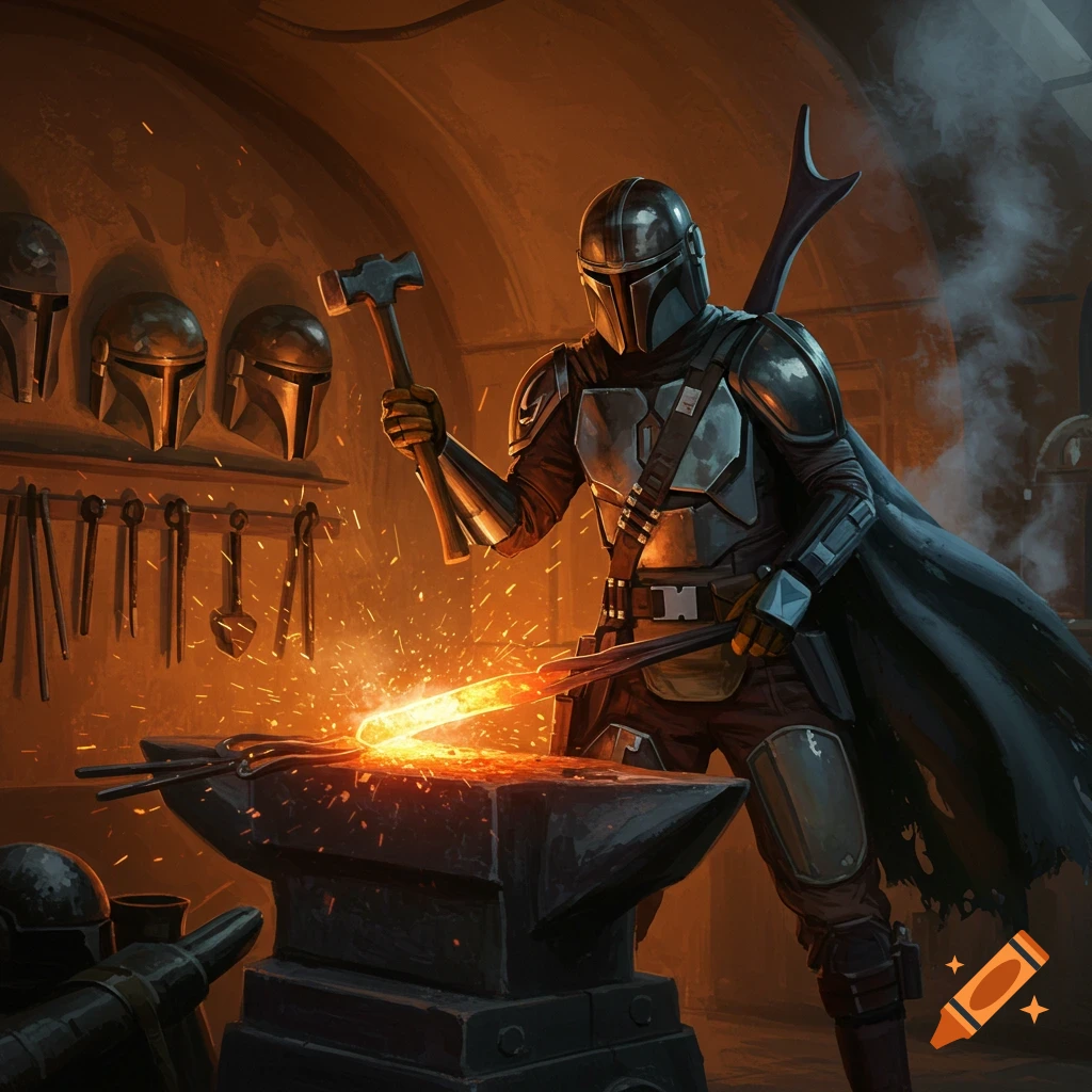 A Mandalorian armorer hammers a glowing piece of metal on an anvil in a dimly lit forge.