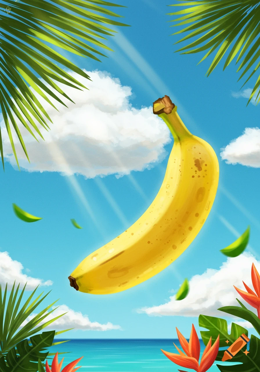 Illustration of a yellow banana floating in a blue sky with clouds, tropical leaves, and ocean.