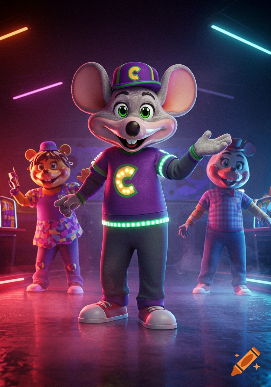 Hyperrealistic Chuck E. Cheese-like animatronic mouse in a purple shirt with glowing 'C', flanked by two other animatronics in a neon-lit room.