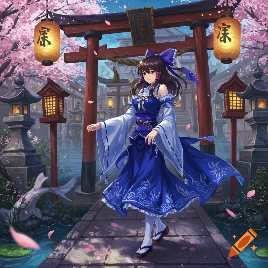 An anime girl in a blue and white outfit walks on a stone path under cherry blossoms and a red torii gate in a traditional Japanese setting.