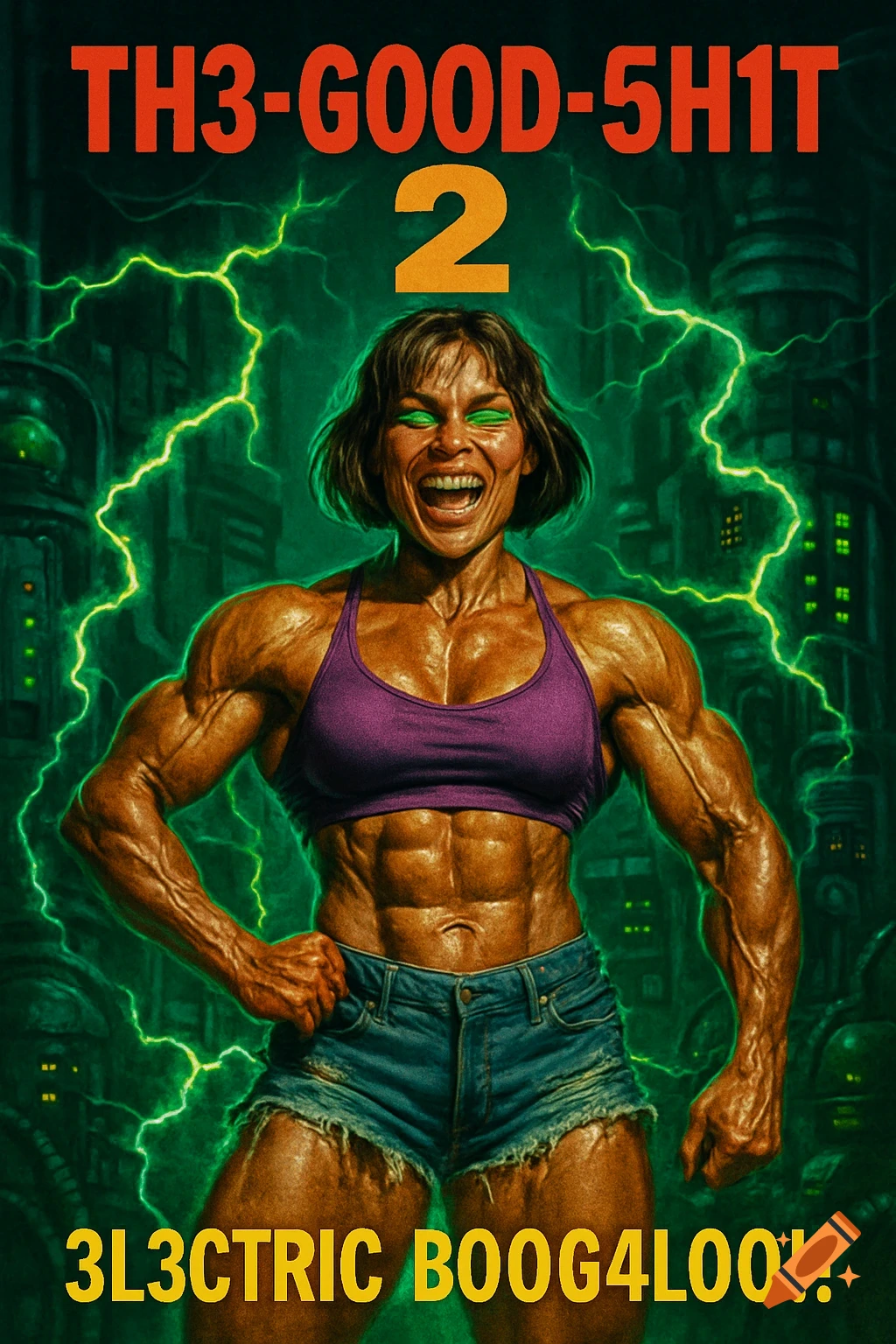 A horror movie poster with a laughing, intensely muscular female bodybuilder in a purple sports bra and jean shorts, surrounded by green lightning. Text reads "TH3-G00D-5H1T 2: 3L3CTR1C B00G4L00!!"