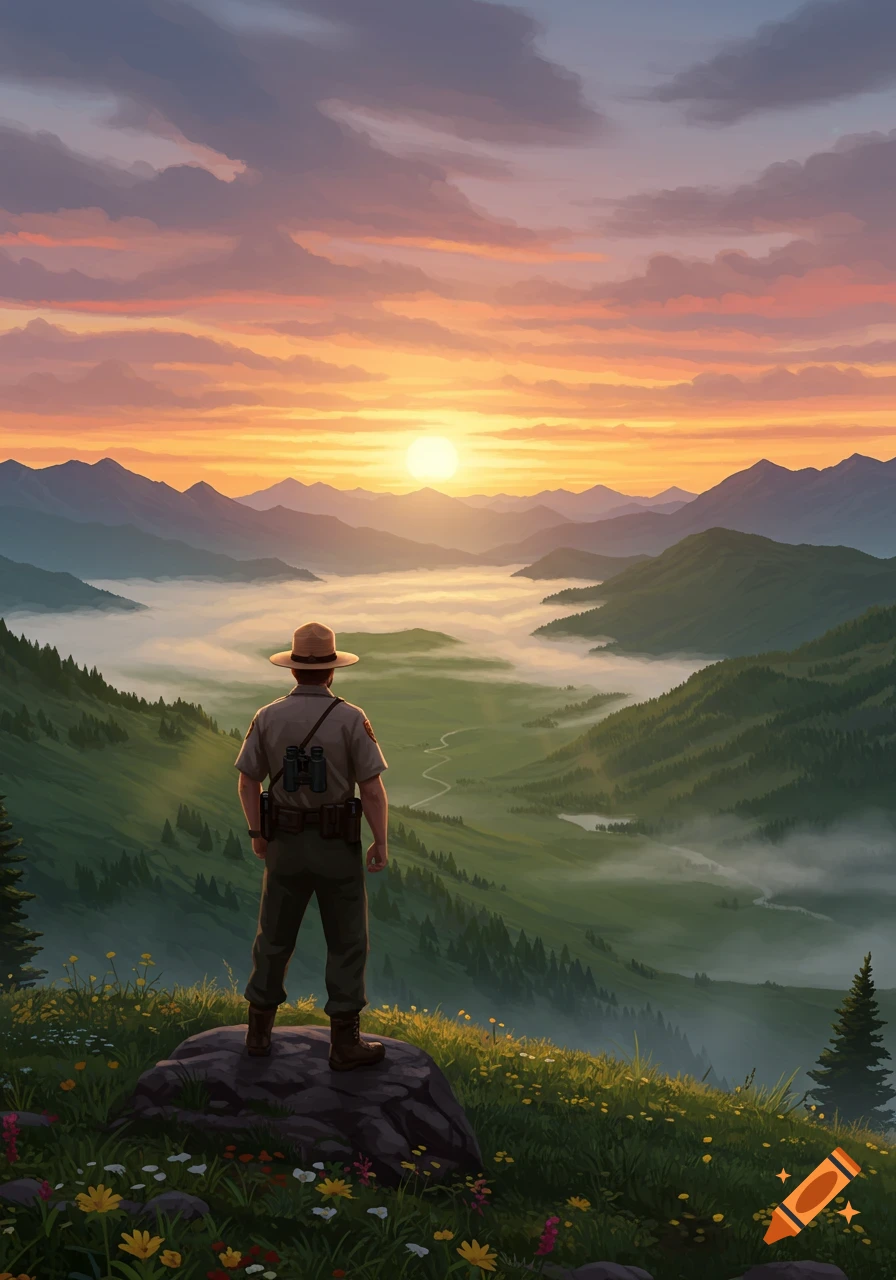 A park ranger stands on a rock, overlooking a foggy mountain valley at sunset.