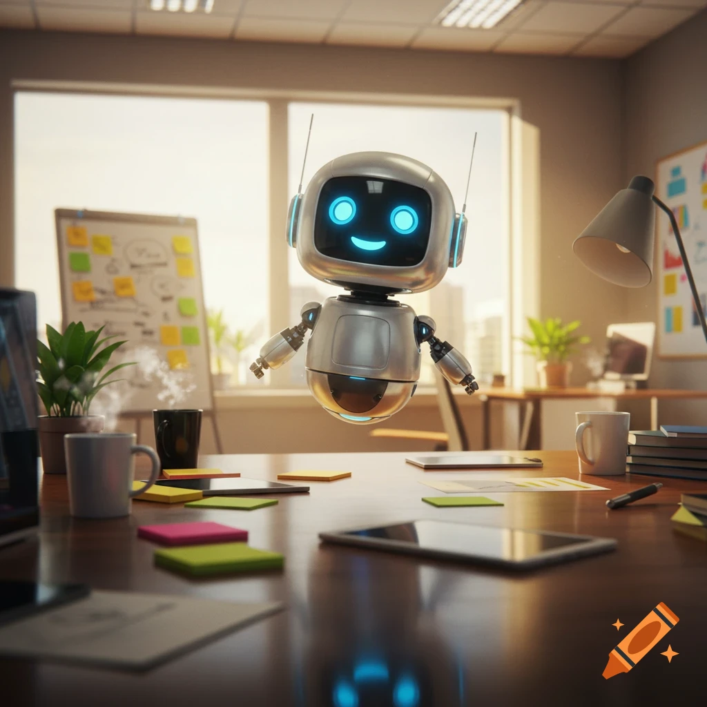 A cute floating silver robot with glowing blue eyes and a smile in a brightly lit office, hovering over a desk with papers and cups.