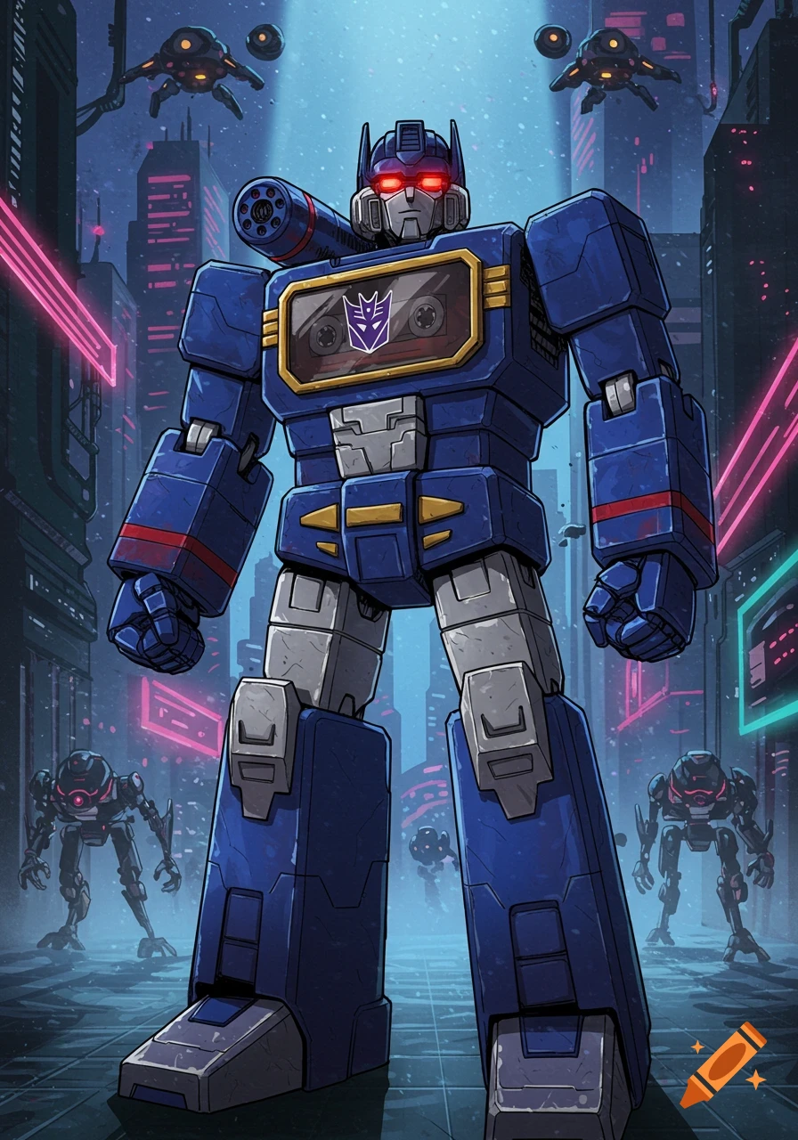 Soundwave, a blue and gray robot from Transformers, stands in a futuristic city with glowing pink lights and smaller robots.