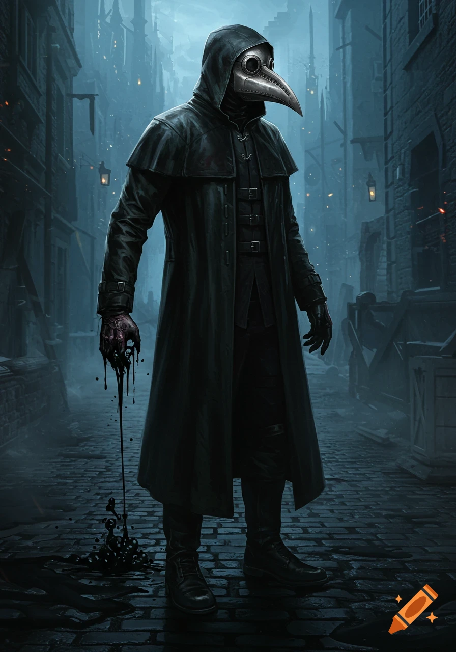 A dark plague doctor in a black hooded coat and bird-beak mask stands in a misty, cobblestone alley, with black liquid dripping from his hand onto the ground.