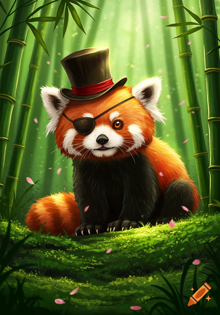 A cute red panda wearing a top hat and an eye patch sits in a vibrant bamboo forest with pink petals falling.