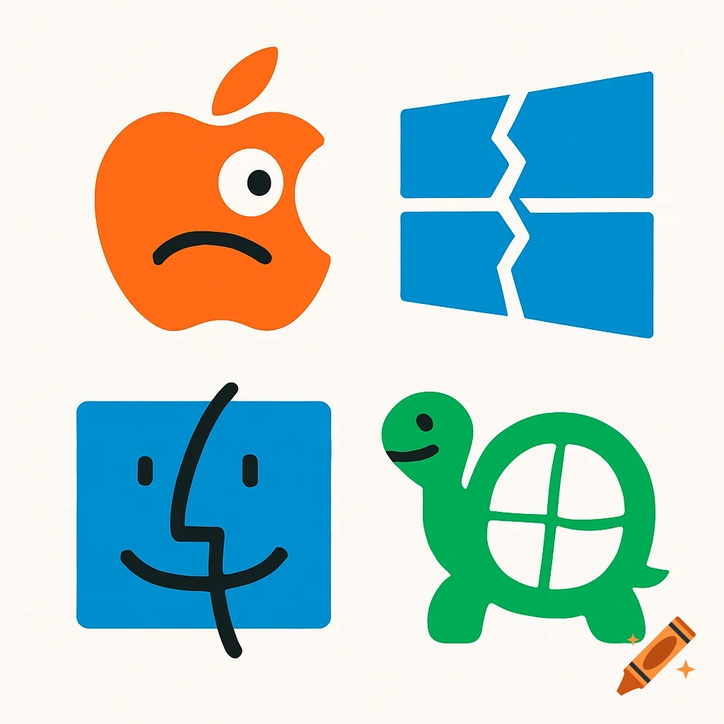 Four stylized parody logos: a frowning orange apple, a broken blue window, a distorted blue face, and a green turtle with a window shell.