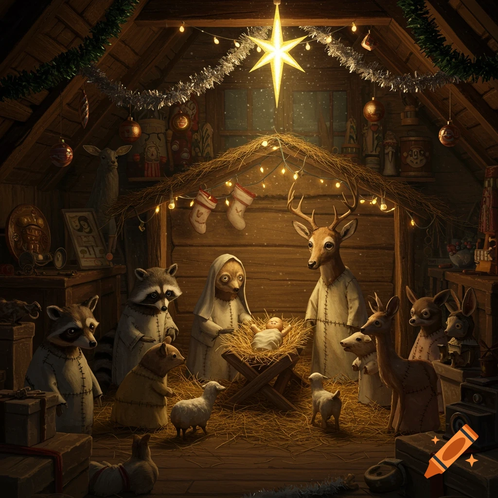 A whimsical, bad taxidermy nativity scene with anthropomorphic animals like raccoons and deer surrounding a baby in a manger under a star.