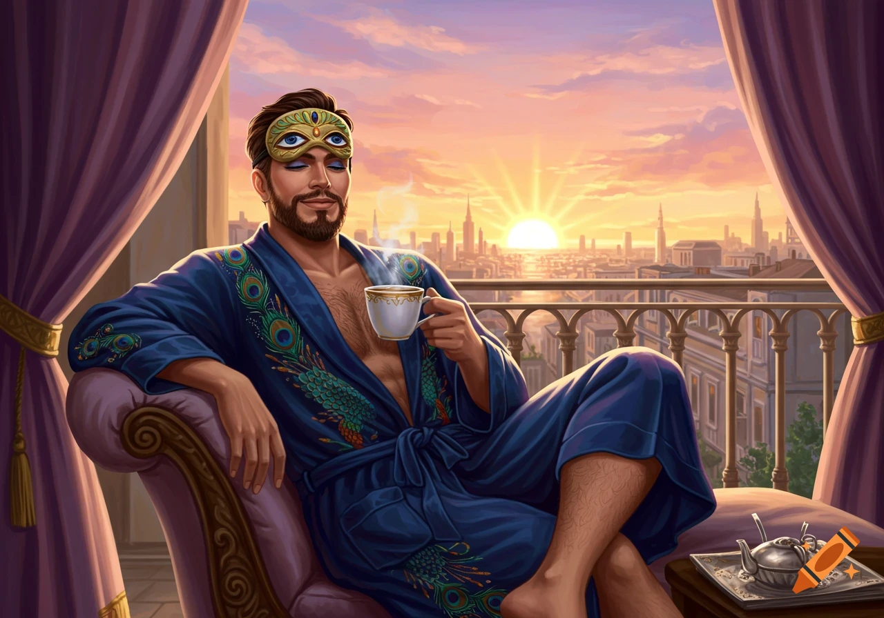 An illustrated man in a blue peacock robe and eye mask drinks coffee on a balcony overlooking a city skyline at sunrise.
