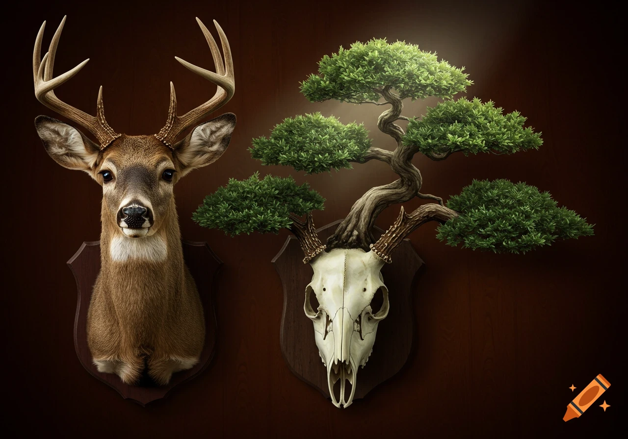 Photorealistic image of a deer taxidermy mount next to a deer skull with a bonsai tree for antlers.