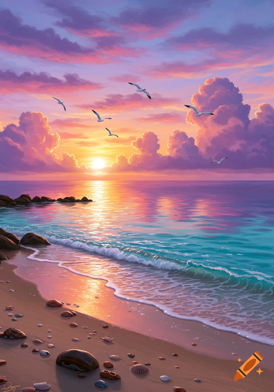 A vibrant sunset over a beach, with orange and purple clouds, a shimmering ocean, and seagulls flying overhead. Waves gently wash ashore on the sandy beach littered with shells and pebbles.