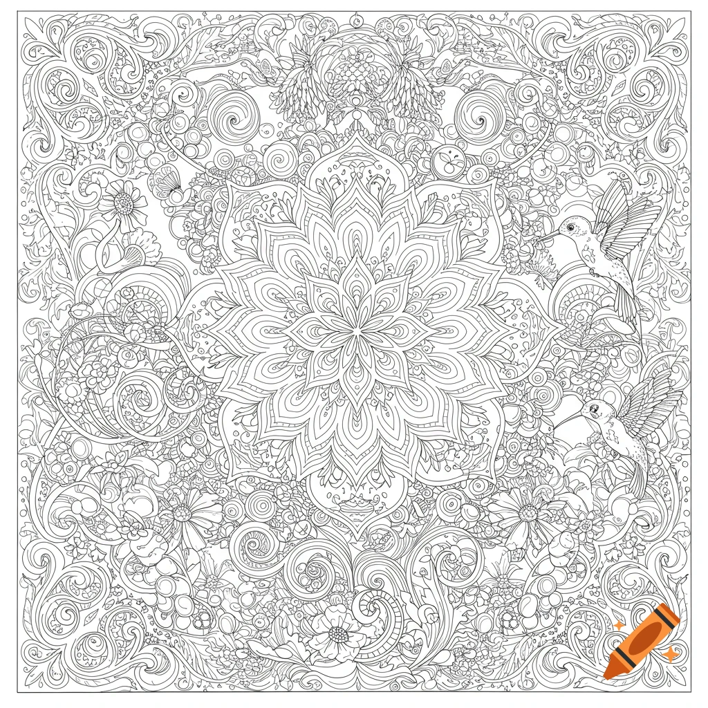 Intricate black and white line art coloring page with a central mandala, surrounding floral patterns, and two hummingbirds.