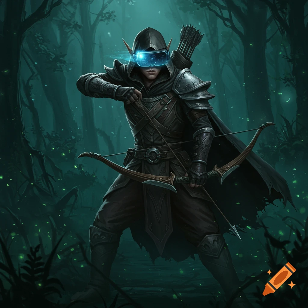 A fantasy elf archer wearing a black hood, leather armor, and a glowing futuristic VR headset, holding a bow in a dark, misty forest.