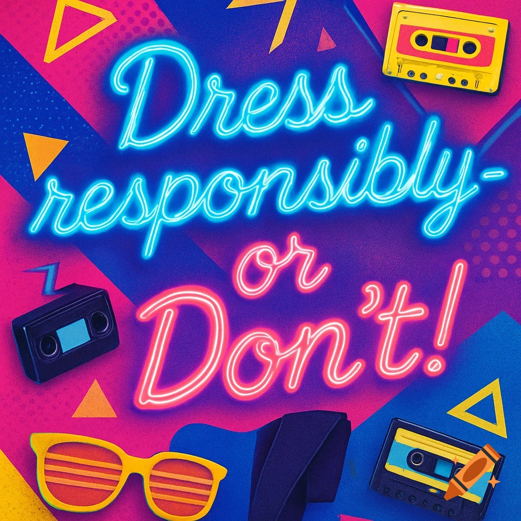 An 80s-style poster with neon text "Dress responsibly - or Don't!" and retro objects like cassette tapes and sunglasses on a colorful geometric background.