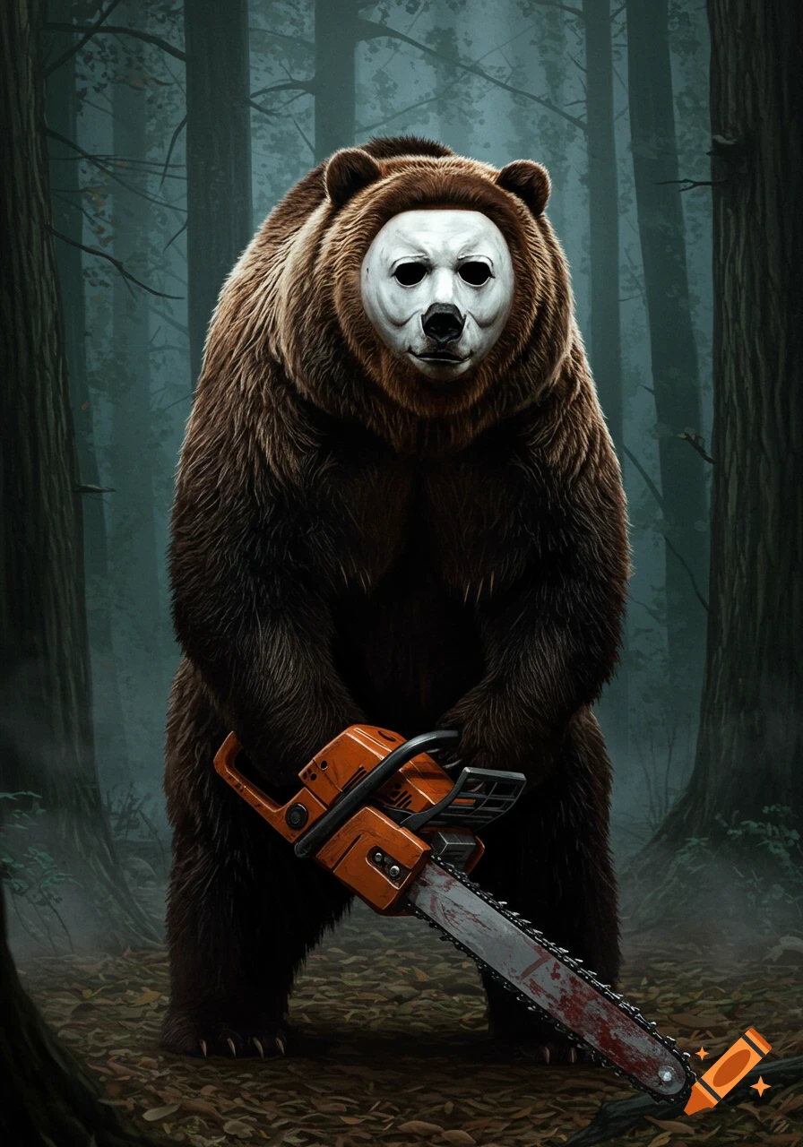 A stylized illustration of a brown grizzly bear standing upright in a dark forest, wearing a white Michael Myers mask and holding a bloody chainsaw.