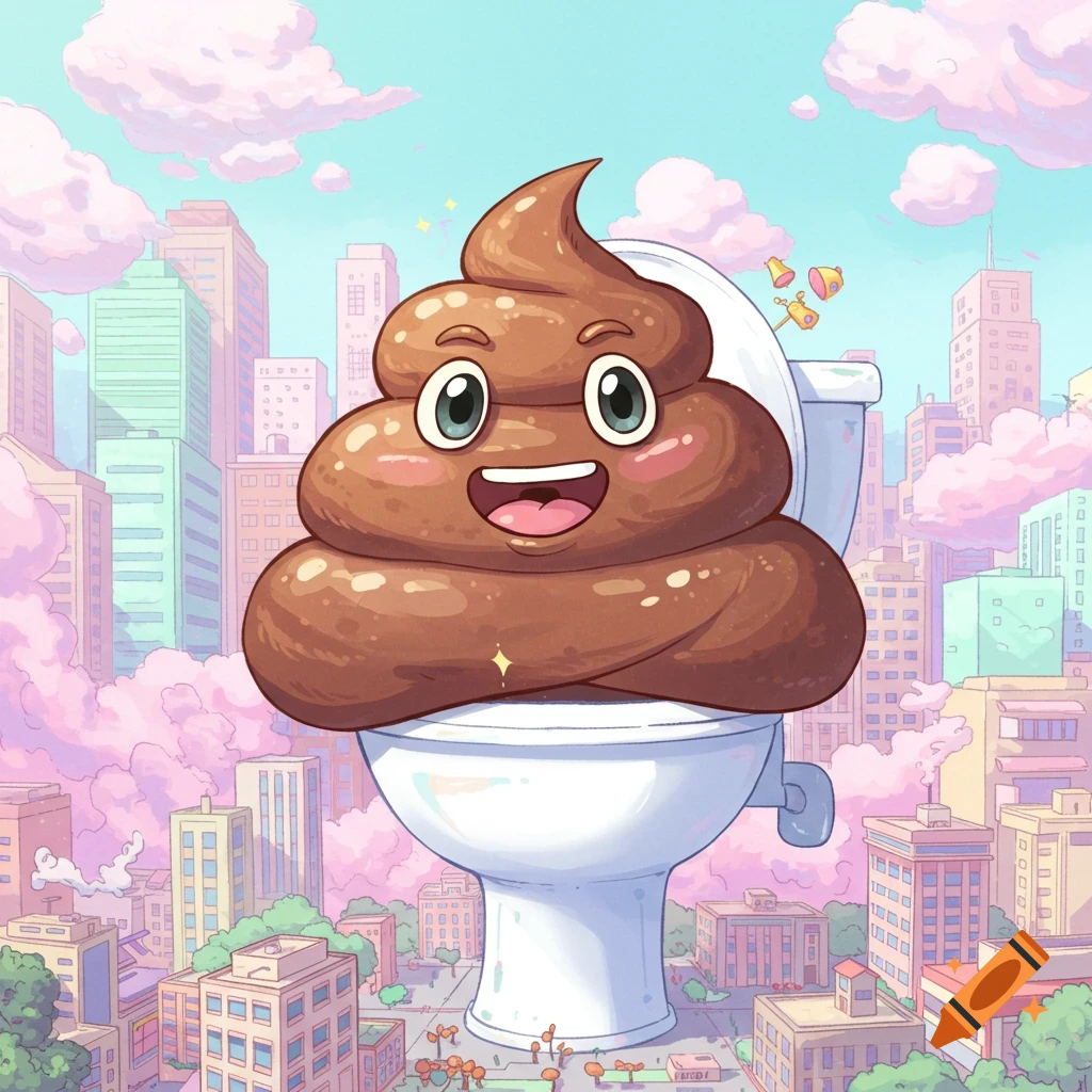 A happy, giant cartoon poop character with big eyes smiles, rising from a toilet over a city skyline with pink clouds.