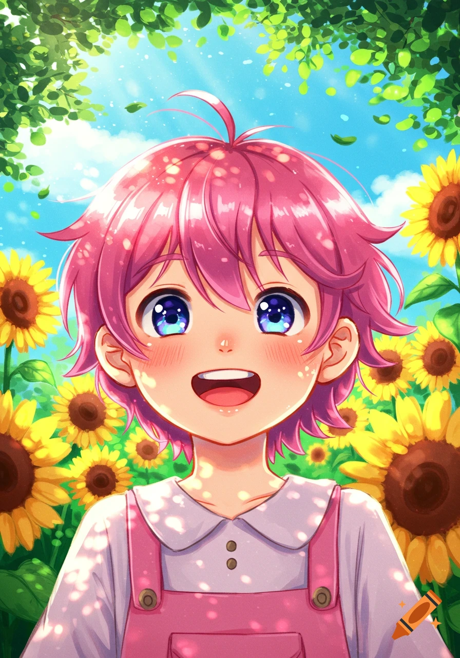 A bright anime portrait of a smiling child with pink hair and blue eyes standing in a sunny field of yellow sunflowers.