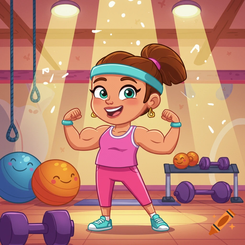 A cartoon woman with brown hair in a ponytail, wearing a pink tank top and pants, flexes her bicep muscles in a gym.