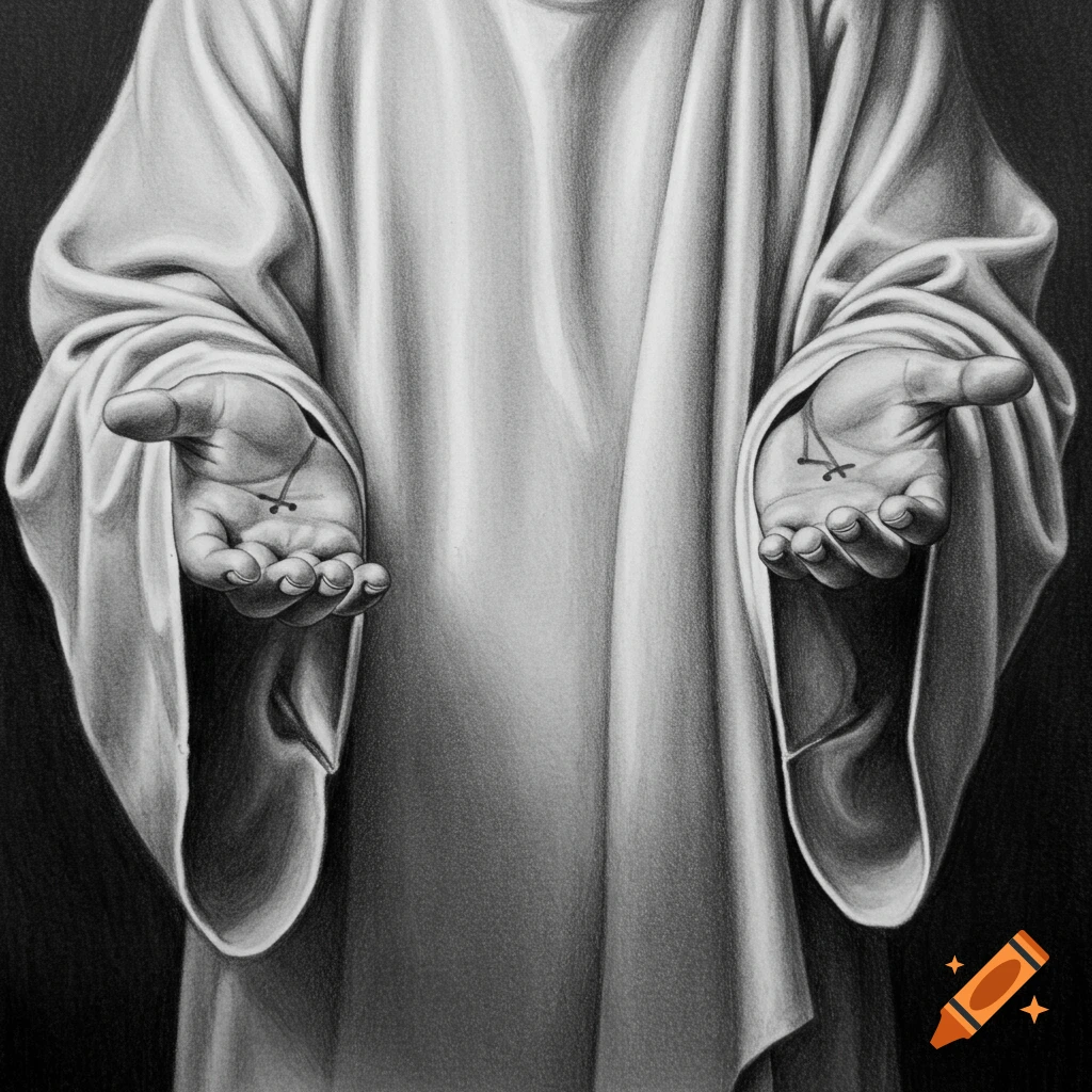 Pencil drawing of Jesus' outstretched hands with stigmata.