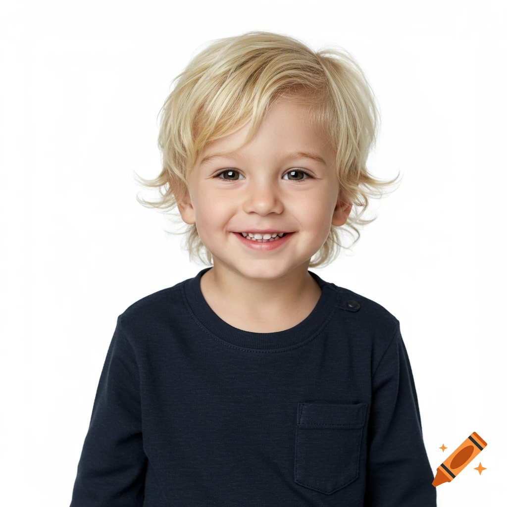 A smiling young boy with blonde, wavy hair and light brown eyes wears a dark long-sleeved shirt against a white background.