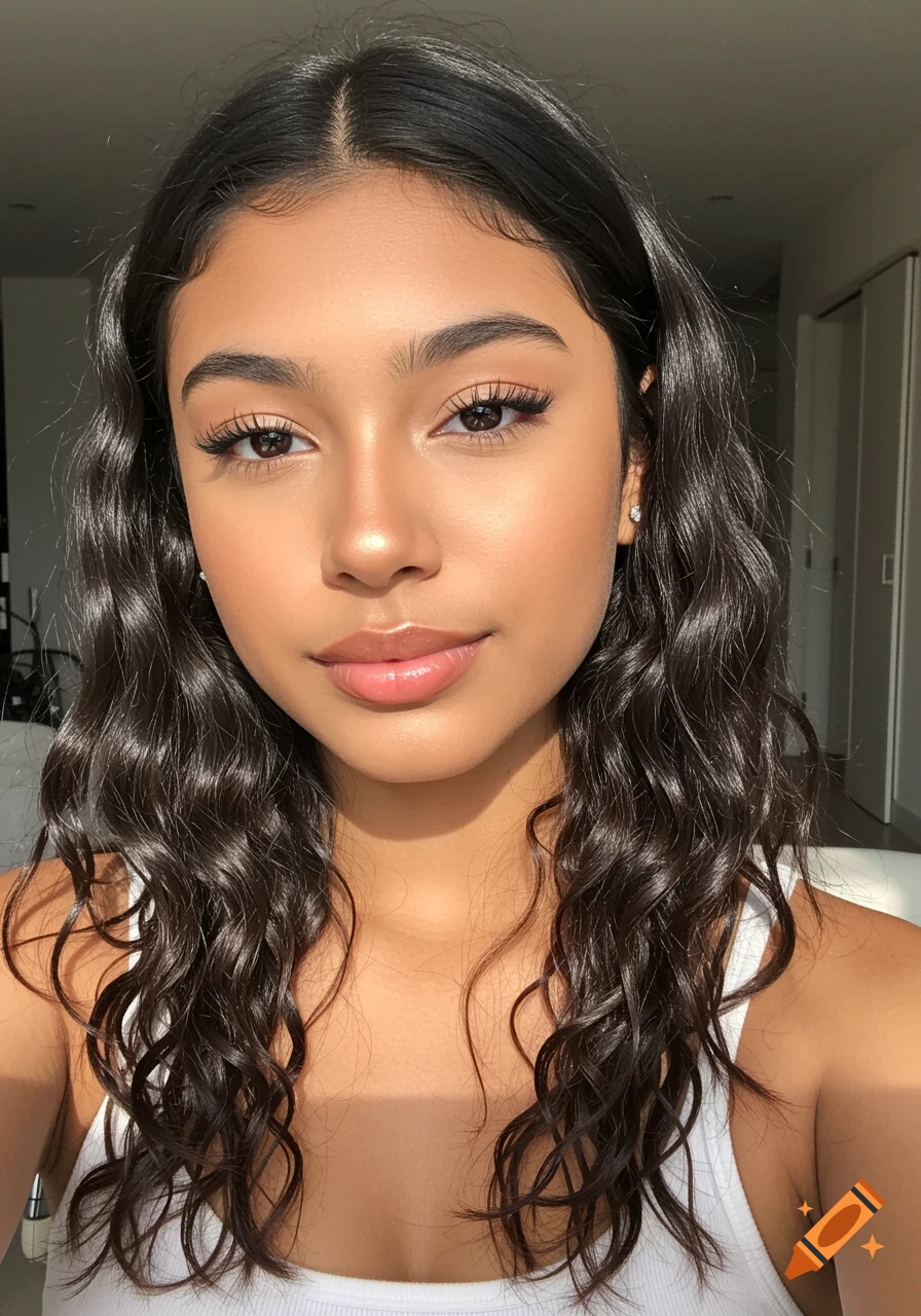 Close-up portrait of a young woman with long, dark wavy hair and glowing skin, wearing a white tank top, looking directly at the viewer. Photorealistic.