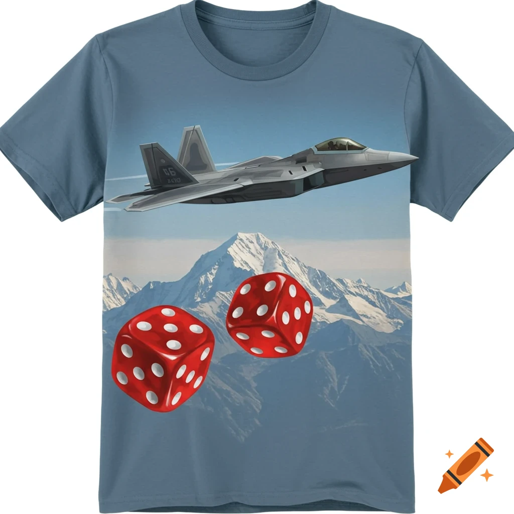 A graphic T-shirt featuring an F-22 fighter jet flying above snow-capped mountains, with two large red dice floating in the foreground.