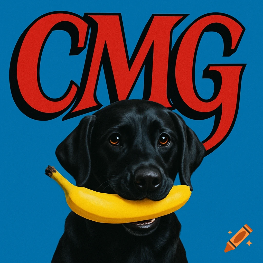 A black Labrador dog holds a yellow banana in its mouth against a blue background with large red 'CMG' text above it.