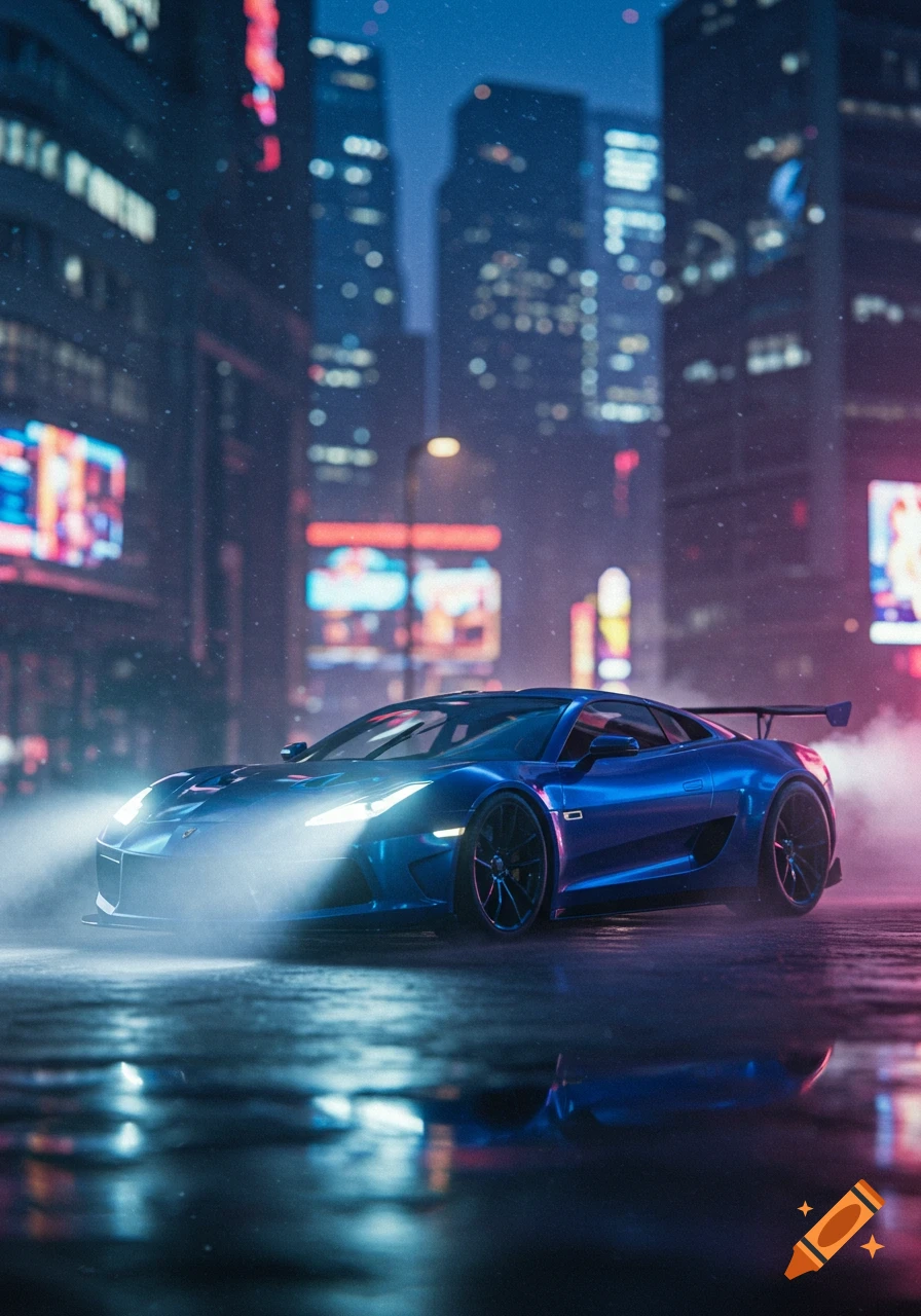 A blue sports car with bright headlights on a wet street at night in a neon-lit city.
