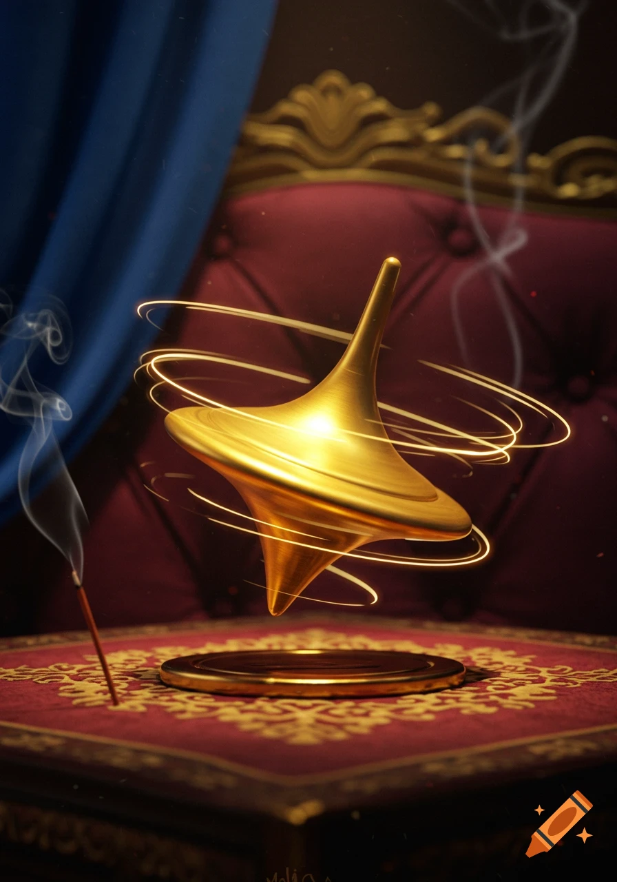 A golden spinning top hovers above a red and gold patterned table, with an incense stick smoking nearby. A blue curtain and red tufted chair are in the background.