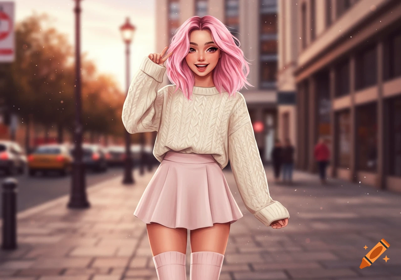Illustrated girl with pink hair, cream sweater, pink mini skirt, and thigh-high socks making a peace sign on a city sidewalk.