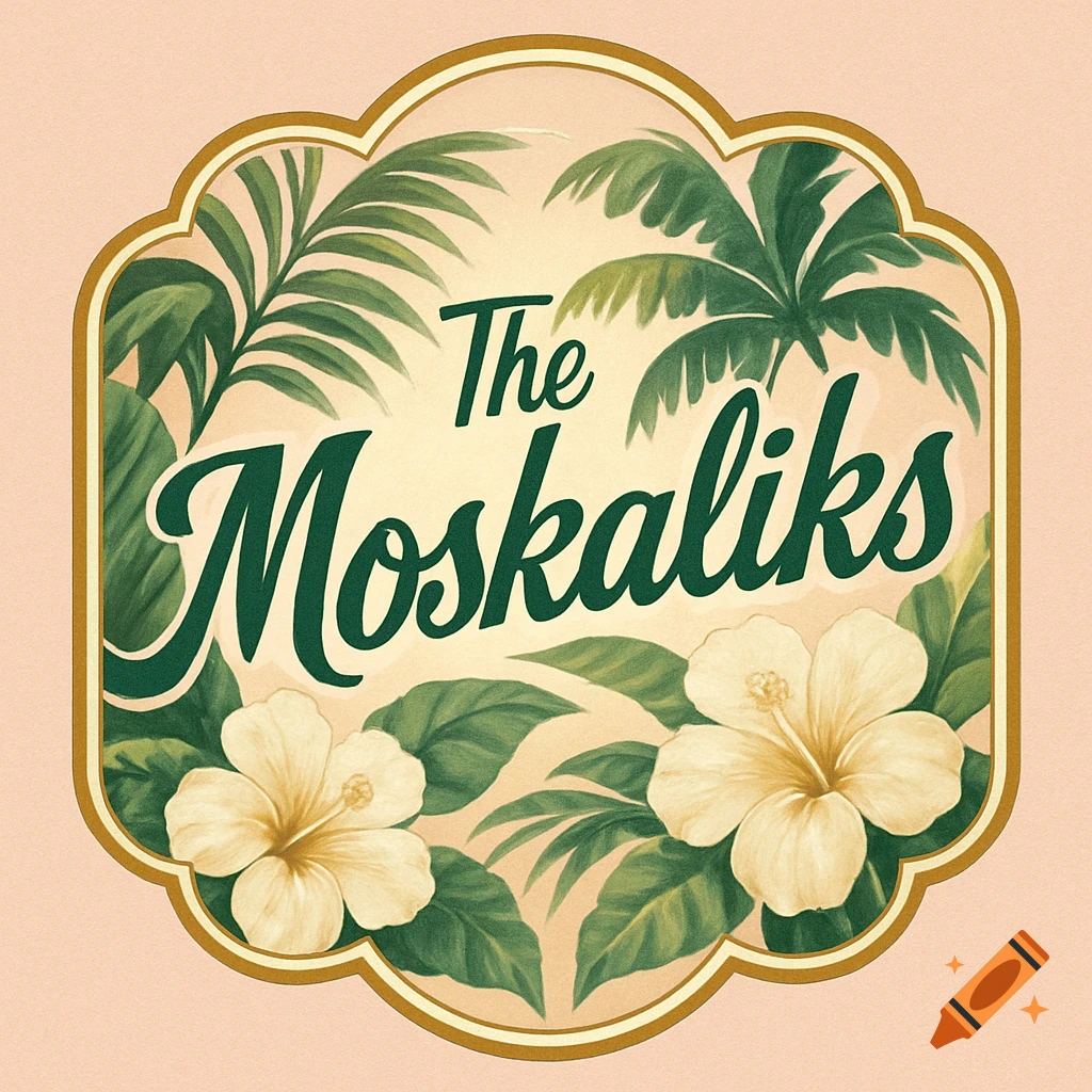 A vintage-style emblem with "The Moskaliks" text, tropical palm leaves, and hibiscus flowers on a light background.