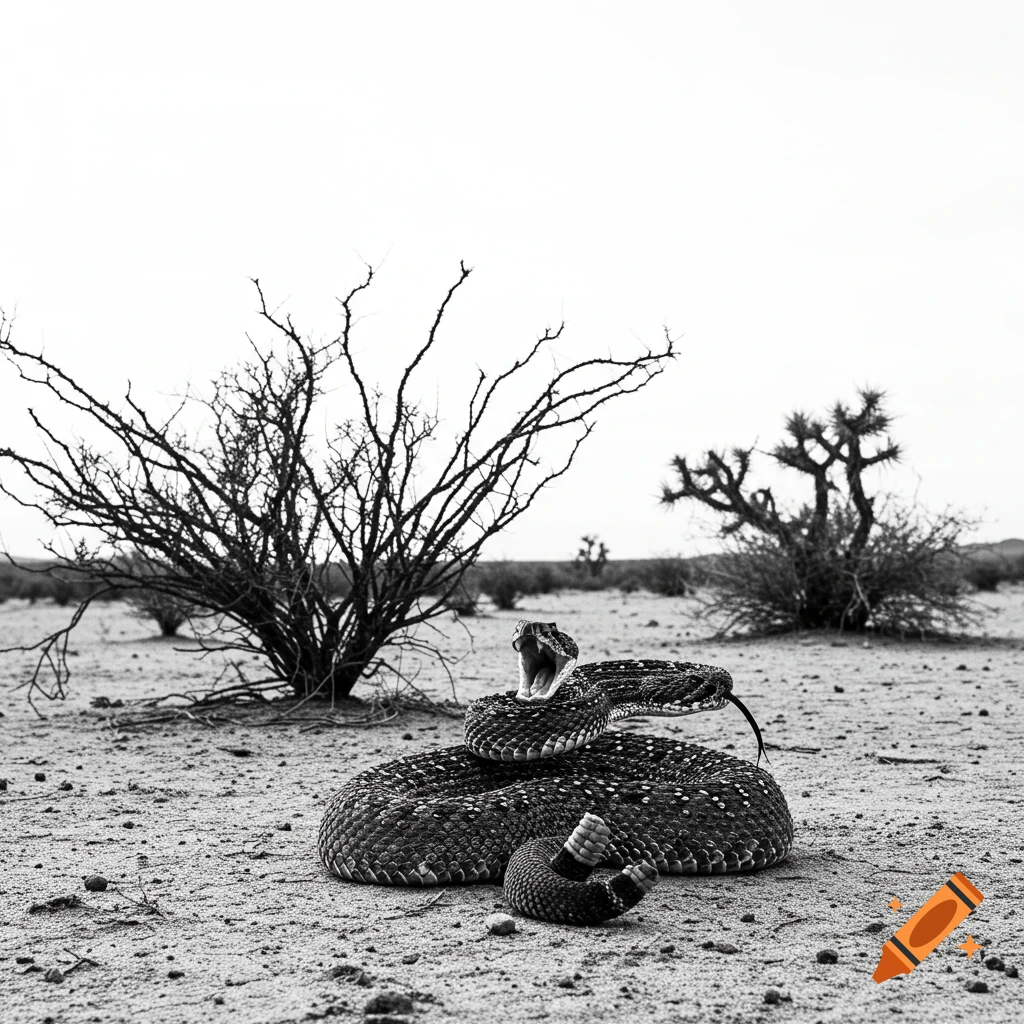 A black and white photograph of a diamondback rattlesnake coiled in the desert, mouth open with fangs showing and tongue extended.