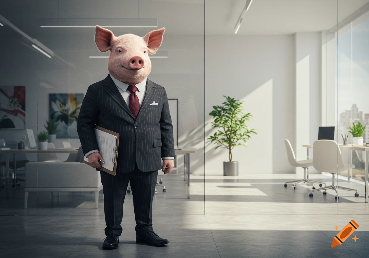 A photorealistic pig in a pinstripe suit stands in a modern office, holding a clipboard.