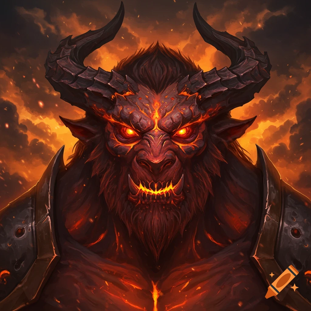 A closeup portrait of a fierce demonic beast with glowing red eyes and mouth, against a fiery, smoky background.