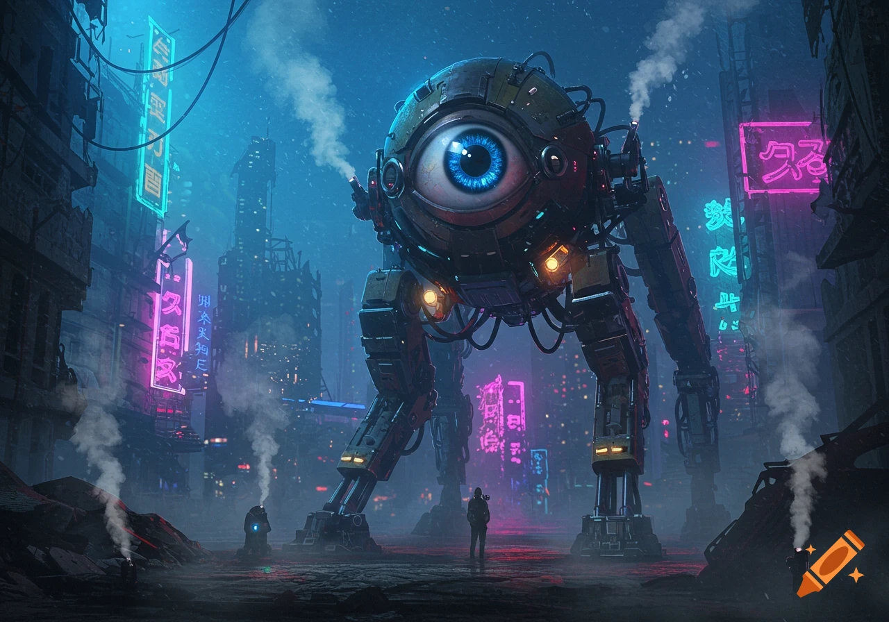 A massive, one-eyed robot cyclops stands in a dark, neon-lit cyberpunk city at night, with a person standing before it.